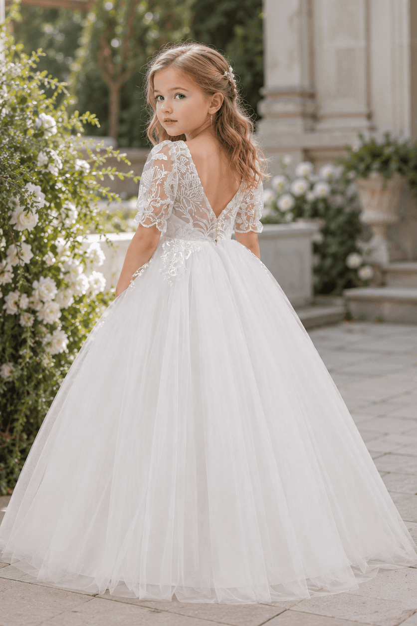 A-Line Lace Sleeve Round Neck Tulle V-Back Flower Girl Dresses 997761158002 - 7 Days / Ivory / 130cm - COCOMELODY